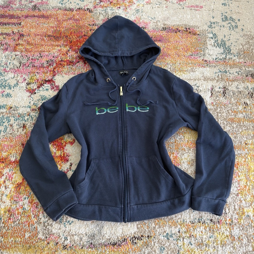 Bebe Rhinestone Spellout Full Zip Hoodie Womens L Navy Blue Y2K